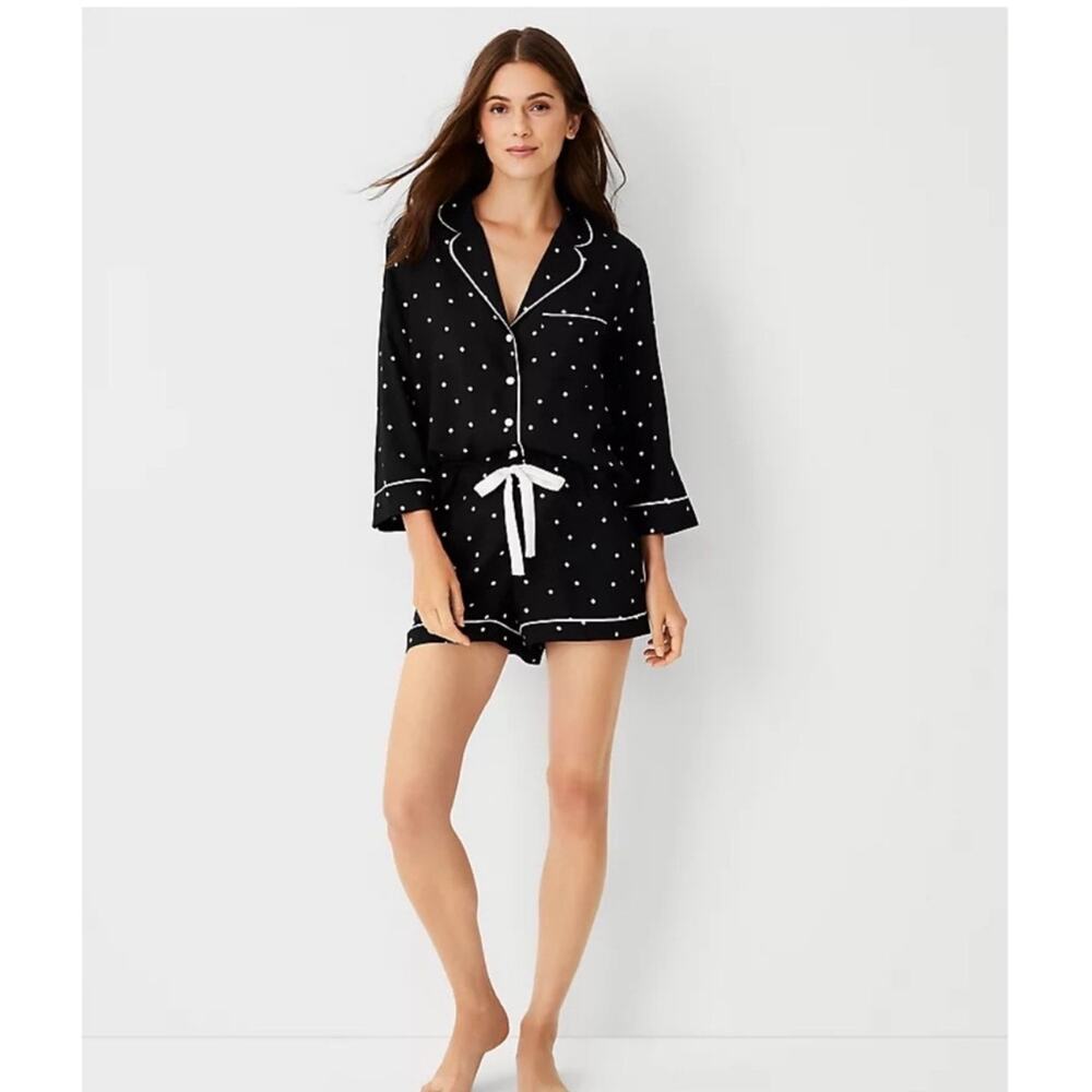 Ann Taylor 2 Piece Polka Dot Long Sleeve Shirt and Short Sleep Set Black Large